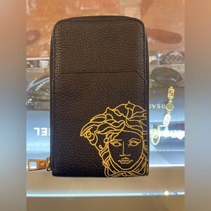 Versace Black leather and Gold Medusa  phone case and card holder  2 in 1